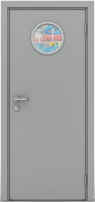 Гладкая пластиковая одностворчатая дверь POSEIDON серая с иллюминатором