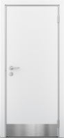 Композитная влагостойкая дверь ПВХ для санузлов в белом цвете с алюминиевой кромкой по 4 сторонам и отбойной пластиной из нержавеющей стали AISI 304
