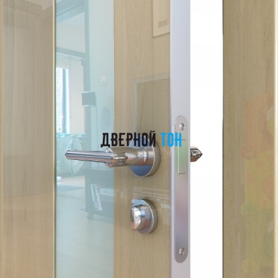 Гладкая дверь модель ДГ 504 глянец с алюминиевым торцом анегри светлый стекло белое