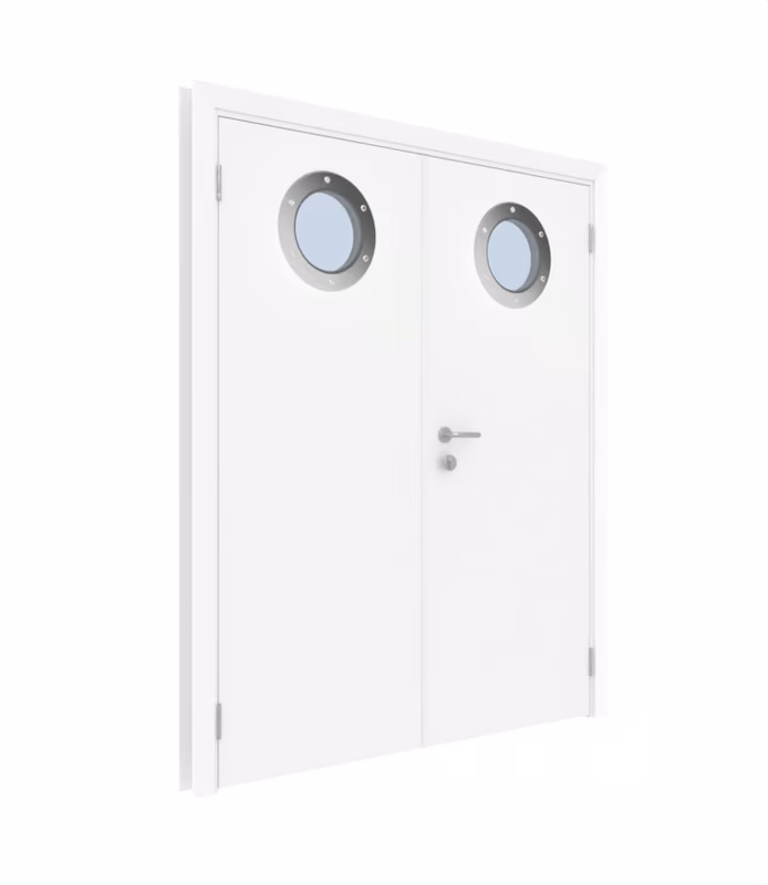 Дверь деревянная в пластике CPL  двустворчатая Белый с иллюминатором